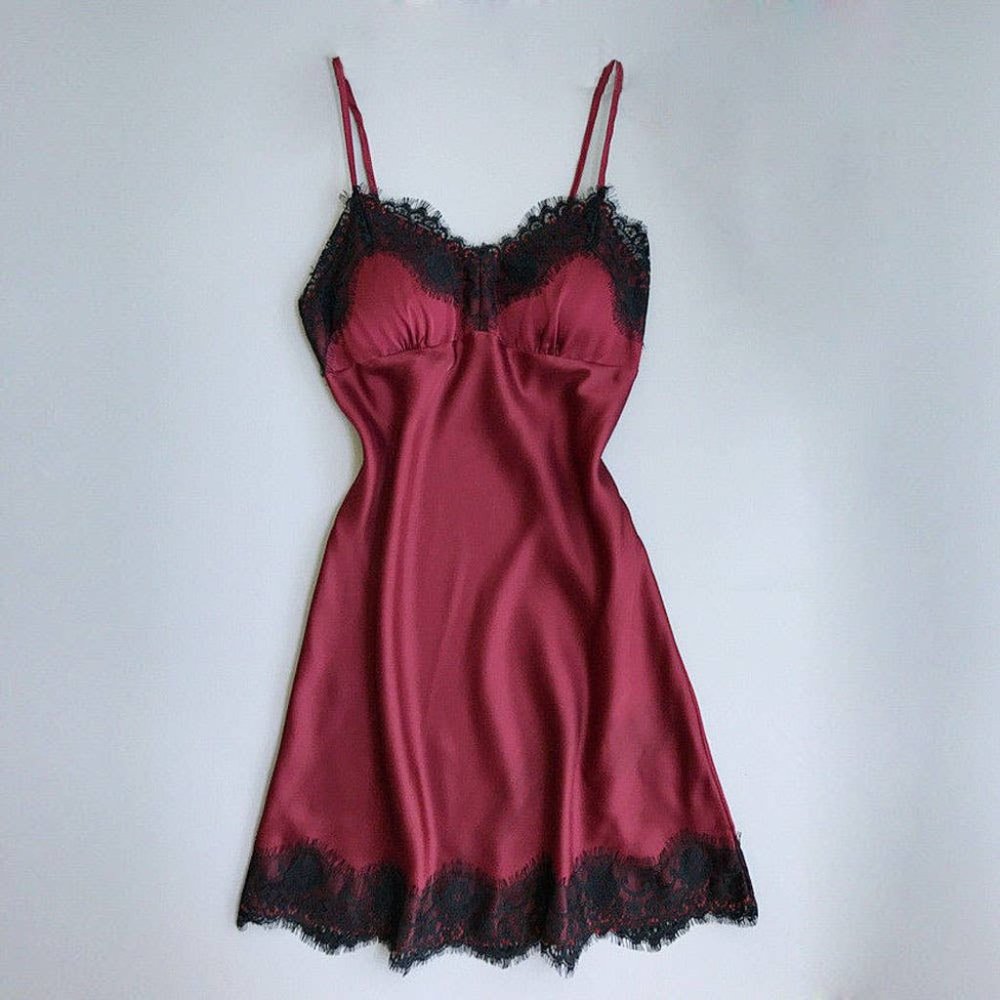 Women's Home Sexy Pajamas Sexy V-Neck Lace Side Sling Nightdress Wine Red s-3xl